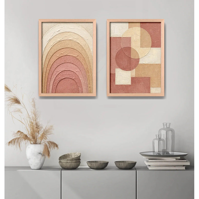 Set 2 Cuadros Boho Arte Abstracto Tonos Tierra Decora Living Marco Marrón Claro