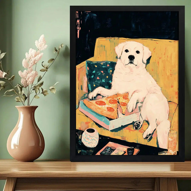 Cuadro Perro Comendo Pizza Golden Retriever Pet Mascota Marco Negro