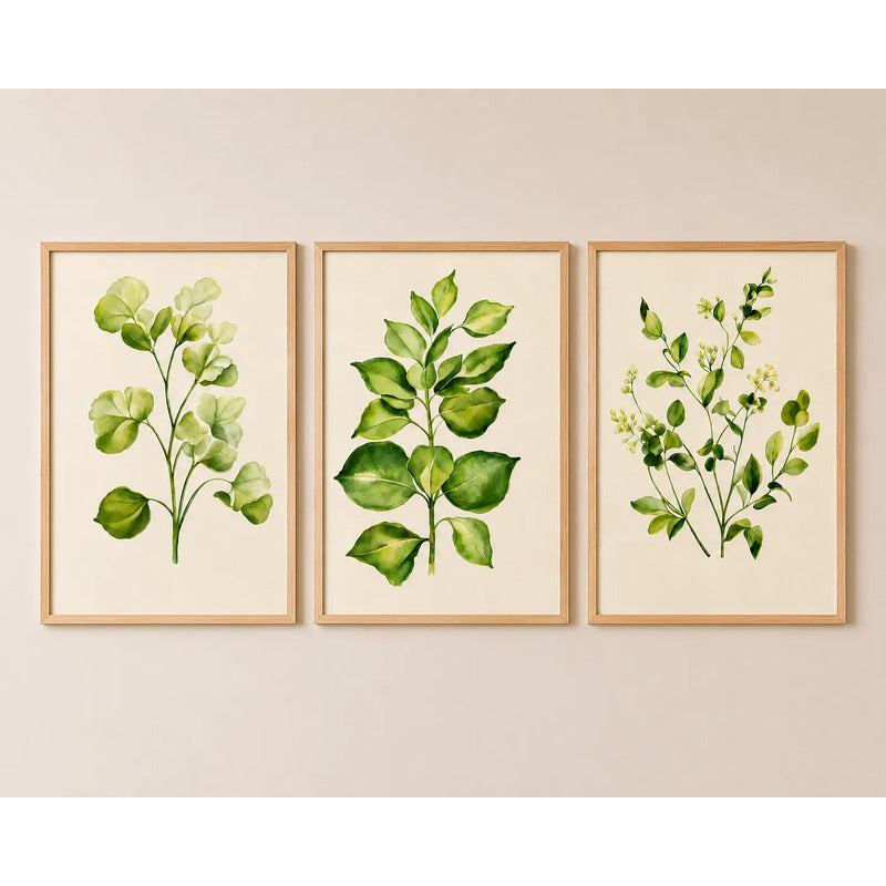 Set 3 Cuadros Dormitorio Living Hojas Verdes Plantas Suaves Marco Marrón Claro