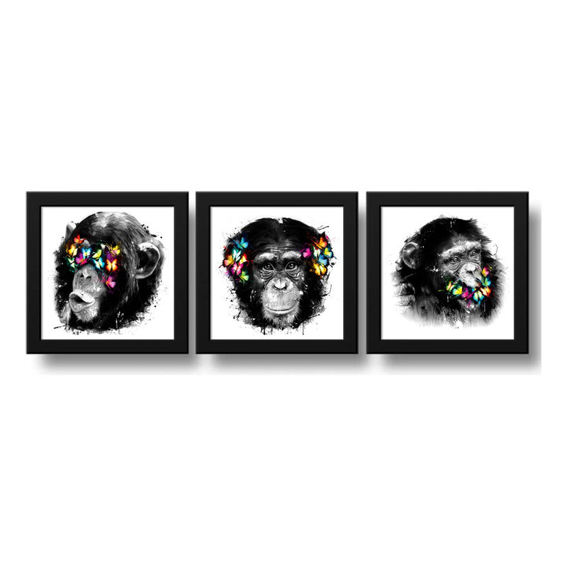 Set 3 Cuadros Monos Mariposas Pop Art Color Chimpancé Decor