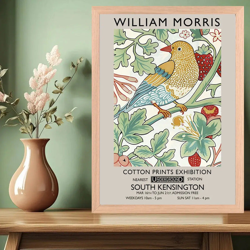 Cuadro Dormitorio Living William Morris Pajaro Frutilla Oak Marco Marrón Claro