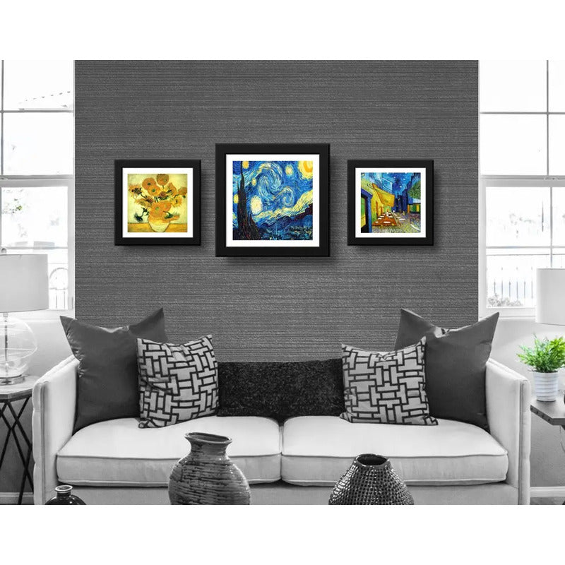 Set 3 Cuadros Van Gogh Obras Noche Estrellada Girasoles 33cm Marco Negro