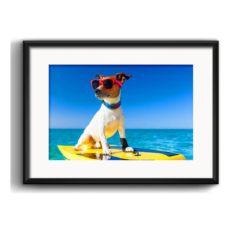 Cuadro Perro Surfe Playa Jack Terrier Pet Arte Con Paspartú Marco Negro