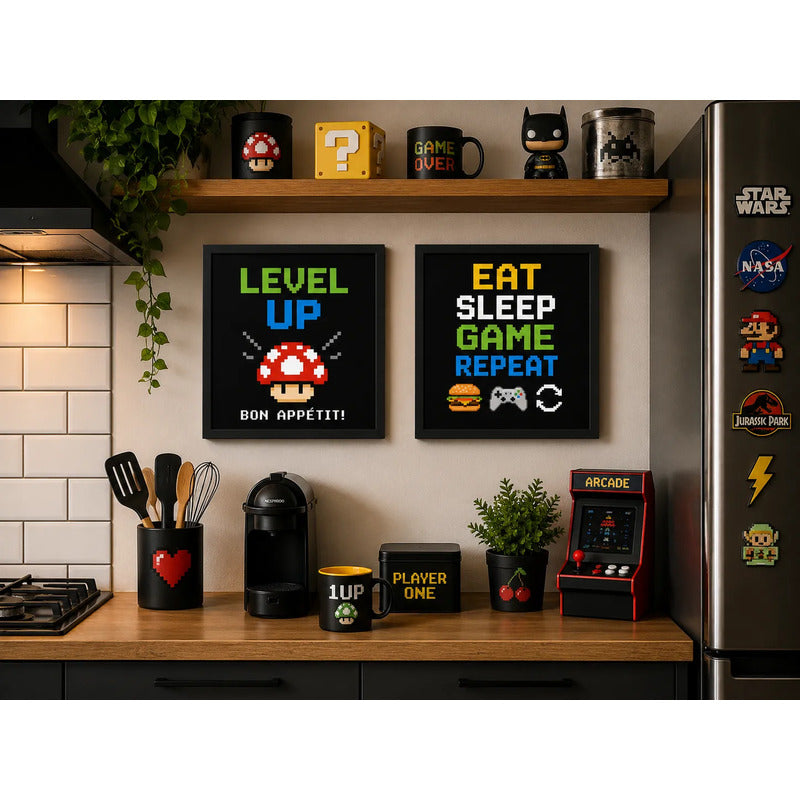 Set 2 Cuadros Cocina Geek Game Bon Appetit Frase Videojuego Marco Negro