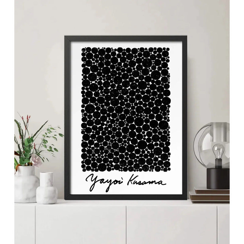 Cuadro Living Yayoi Kusama Puntos Infinitos Blanco Y Negro Marco Negro