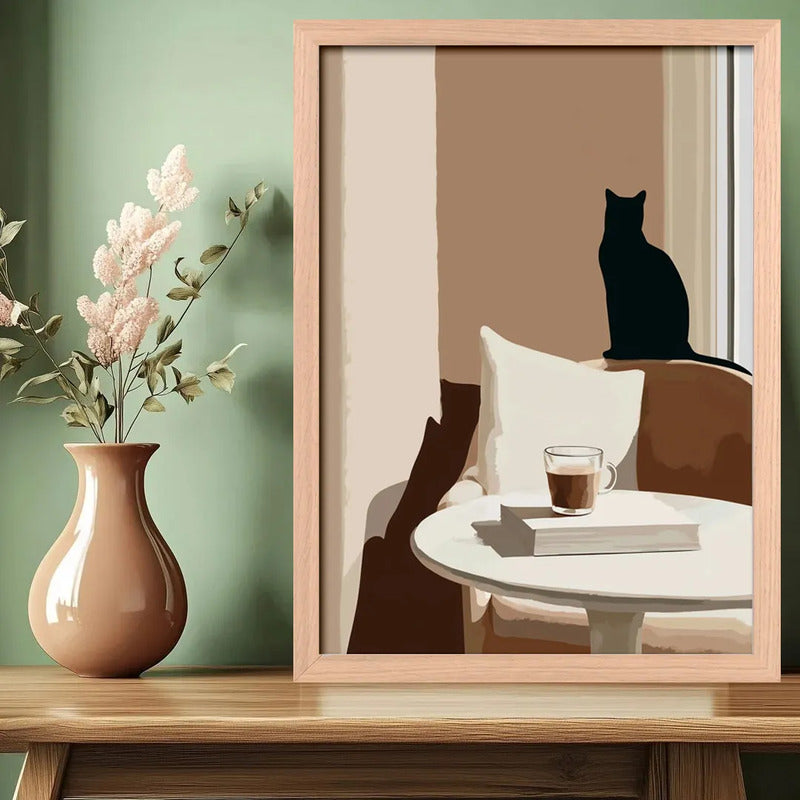 Cuadro Living Cocina Gato Cafe Arte Cozy Cat Tono Neutro Oak Marco Marrón Claro