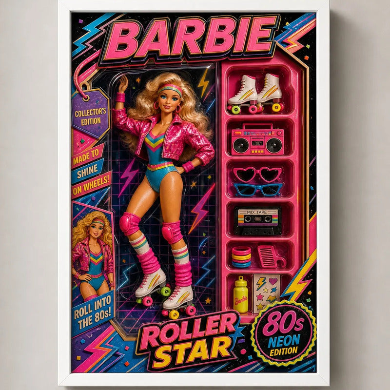 Cuadro Barbie Patinadora Roller Decoracion Dormitorio Muñeca Marco Blanco