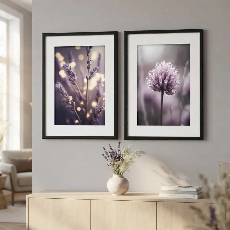 Set 2 Cuadros Flores Lavanda Cola Liebre Purple Con Paspartú Marco Negro