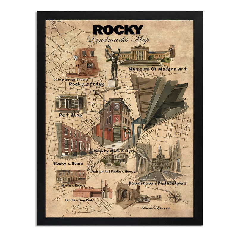 Cuadro Rocky Mapa Pelicula Balboa Stallone Boxe Decoracion Marco Negro