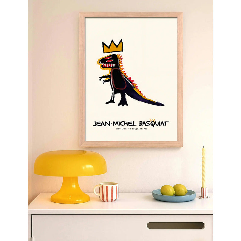 Cuadro Basquiat Dinosaurio Pez Dispenser Arte Urbano Oak Marco Marrón Claro
