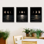 Set 3 Cuadros Fases Lunares Sobre El Mar A La Noche Nautico Marco Negro