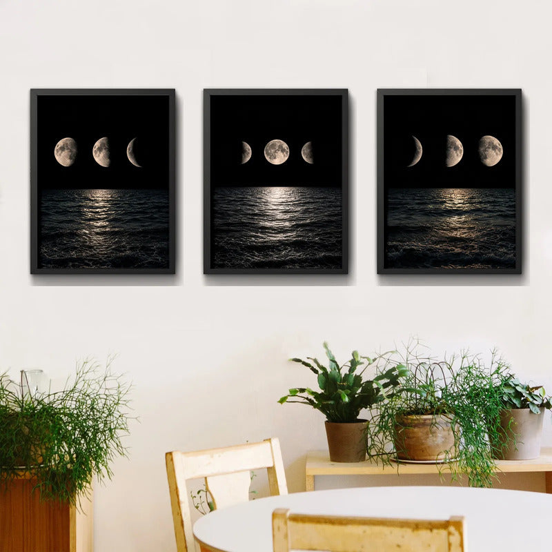Set 3 Cuadros Fases Lunares Sobre El Mar A La Noche Nautico Marco Negro