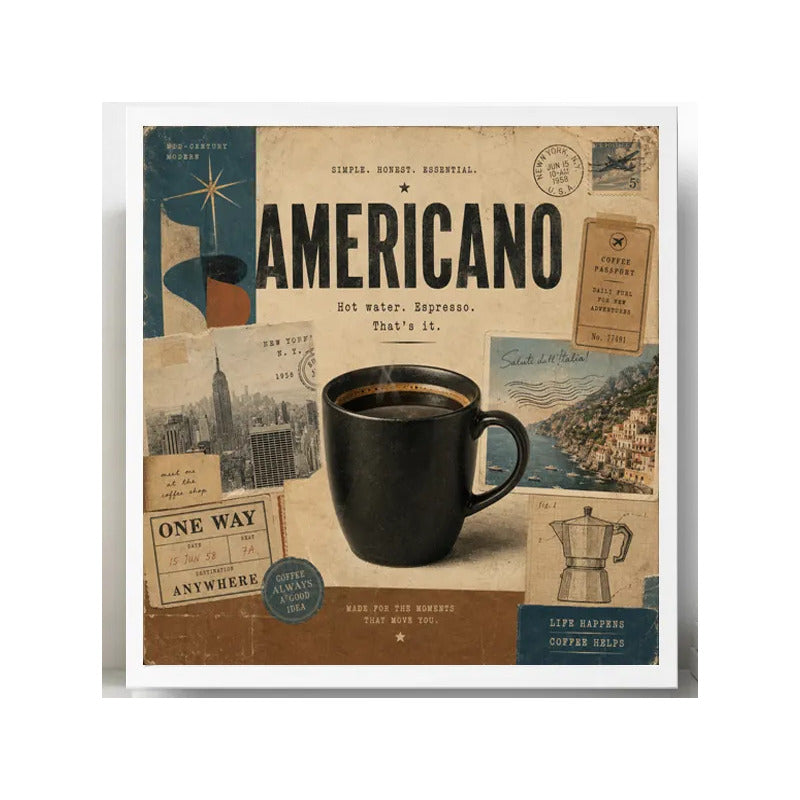 Cuadro Living Comedor Cocina Café Americano Coffee Retro Br1 Marco Blanco