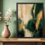 Cuadro Dormitorio Living Boho Arte Abstracto Verde Dorado B1 Marco Negro