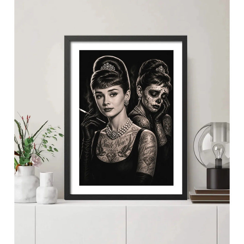 Cuadro Audrey Hepburn Tattoo Catrina Tatuaje Arte Retro Marco Negro