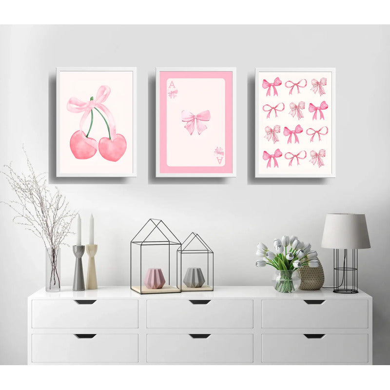 Set 3 Cuadros Rosa Pink Tendencia Lazos Fashion Coquette Marco Blanco