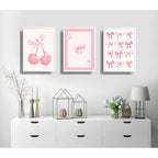 Set 3 Cuadros Rosa Pink Tendencia Lazos Fashion Coquette Marco Blanco