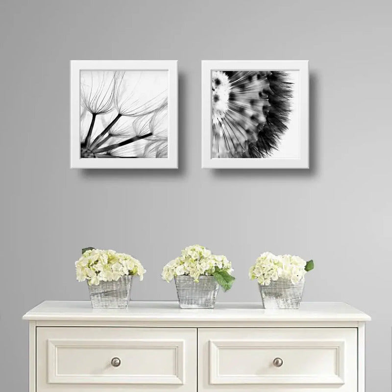 Set 2 Cuadros Flores Diente De Leon Blanco Y Negro Arte