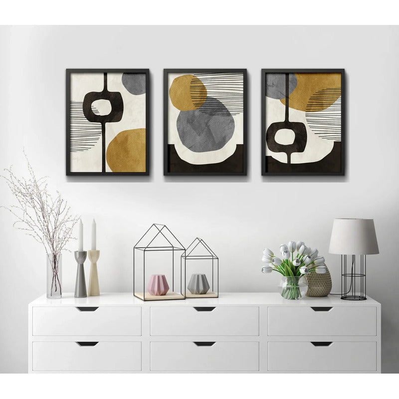 Set 3 Cuadros Dormitorio Living Boho Abstract Tonos Terrosos Marco Negro