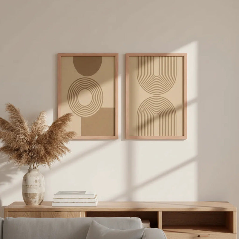 Set 2 Cuadros Dormitorio Living Boho Arcos Y Círculos Beige Marco Marrón Claro