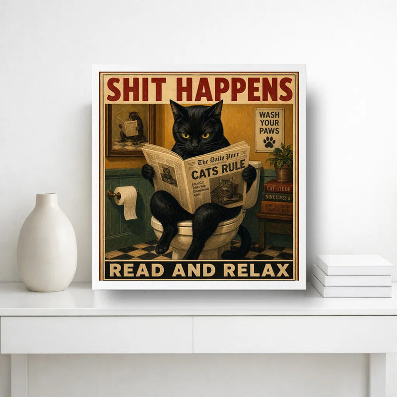 Cuadro Para Decoracion Bano Gato Negro Leyendo Diario Marco Blanco
