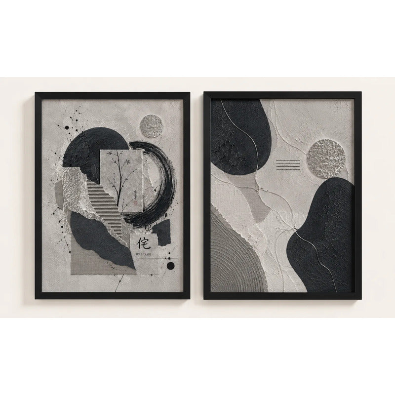 Set 2 Cuadros Boho Abstracto Texturas Plata Decora Living Marco Negro