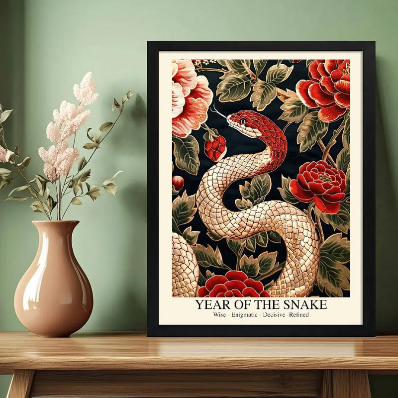Cuadro Serpiente Lunar Zodiaco Peonias Floral Botanico Arte Serpiente Y Peonias 1 Marco Negro