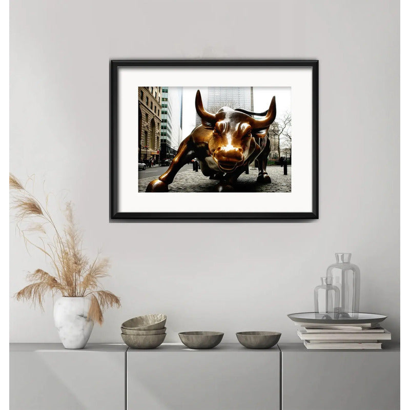 Cuadro Toro Wall Street Charging Bull 53x43cm Con Paspartú Marco Negro