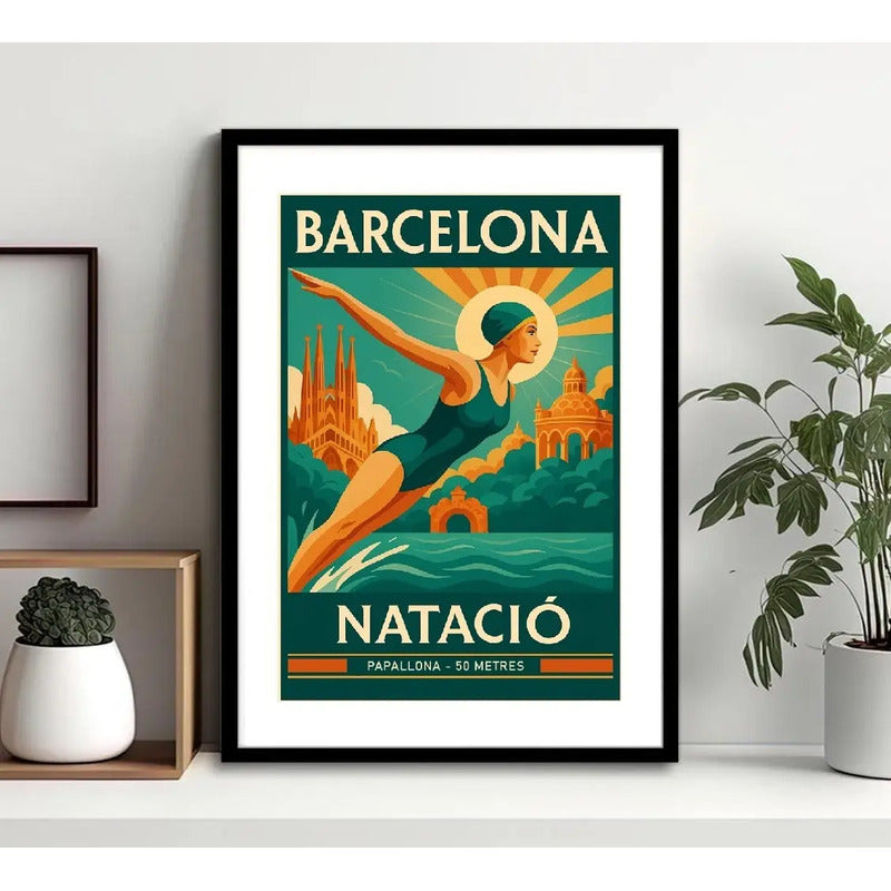 Cuadro Natacion Barcelona Swimming Pool Deportes Decoracion Marco Negro