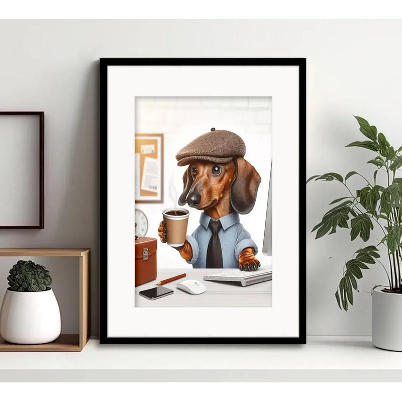 Cuadro Perro Dachshund Salchicha Tomando Cafe 1 Con Paspartú Marco Negro