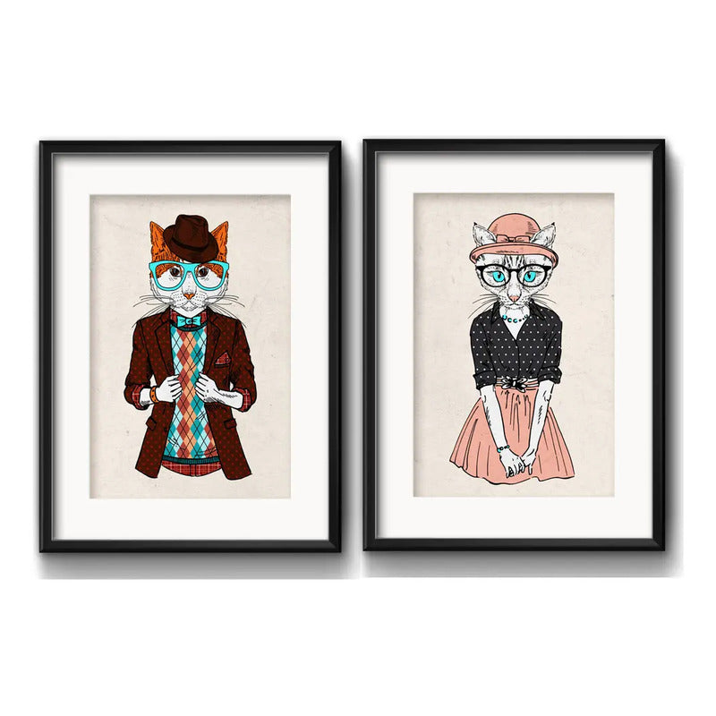Set 2 Cuadros Pareja Gatos Hipster Pet Mascota Arte Paspartu