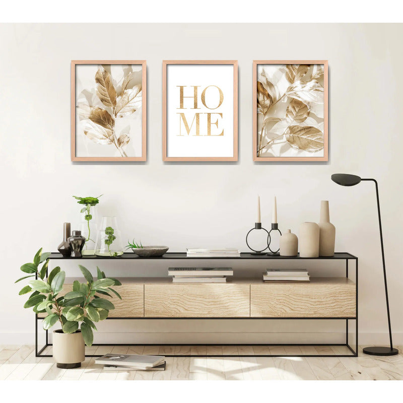 Set 3 Cuadros Hojas Doradas Home Botanica Tonos Suaves Marco Madera Natural Oak