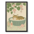Cuadro Gato Bano Banera Arte Japonés Flores Brs2 Decoracion Marco Negro