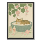 Cuadro Gato Bano Banera Arte Japonés Flores Brs2 Decoracion Marco Negro