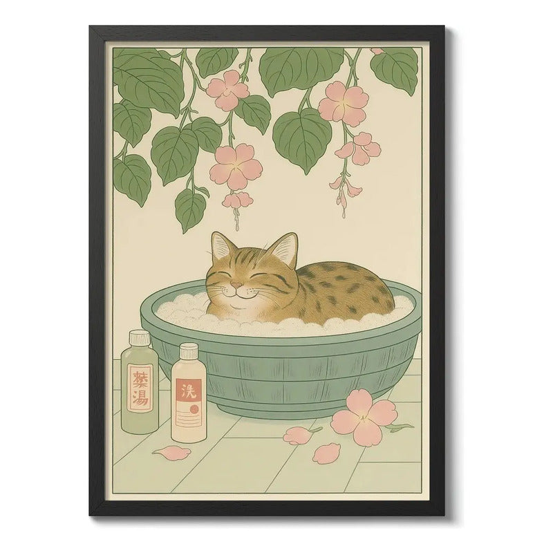 Cuadro Gato Bano Banera Arte Japonés Flores Brs2 Decoracion Marco Negro