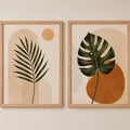 Set 2 Cuadros Living Abstracto Boho Hojas Tonos Beige Neutro Marco Marrón Claro