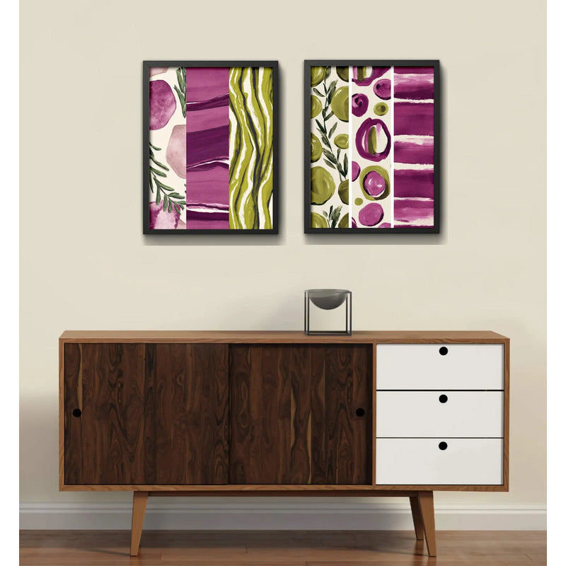 Set 2 Cuadros Dormitorio Living Abstracto Arte Verde Púrpura Marco Negro