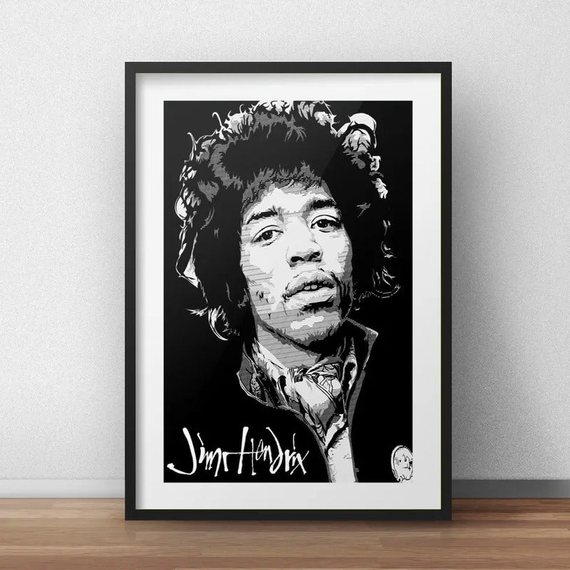 Cuadro Jimi Hendrix Blanco Y Negro Rock Decoracion Paspartú Marco Negro