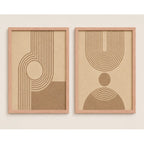 Set 2 Cuadros Dormitorio Living Boho Arcos Y Círculos Beige Marco Marrón Claro