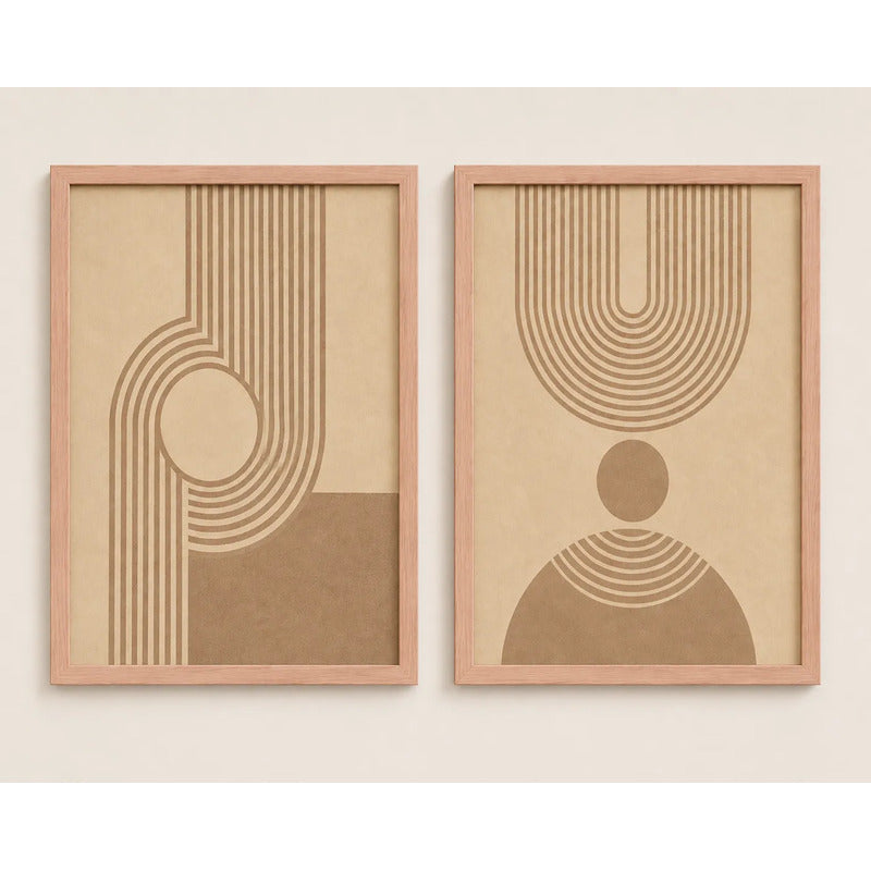 Set 2 Cuadros Dormitorio Living Boho Arcos Y Círculos Beige Marco Marrón Claro
