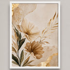 Cuadro Living Dormitorio Hojas Floral Beige Dorado Abstracto Marco Blanco