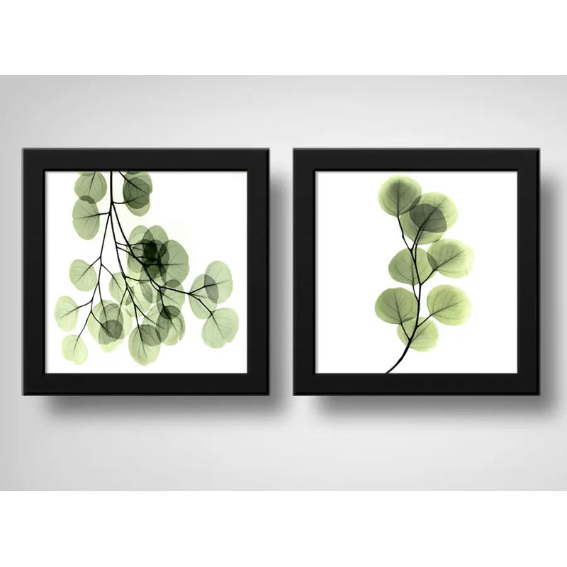 Set 2 Cuadros Hojas Minimalista Eucalipto Planta - 33x33cm Marco Negro