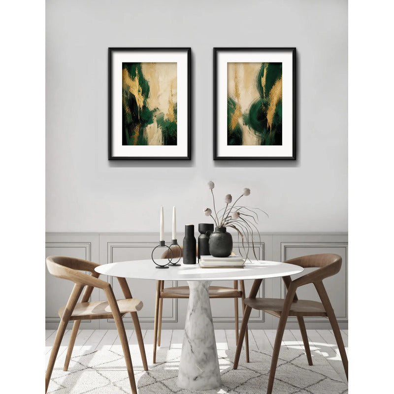 Set 2 Cuadros Boho Arte Abstracto Verde Beige Con Paspartu 55x43cm Cada Cuadro Negro