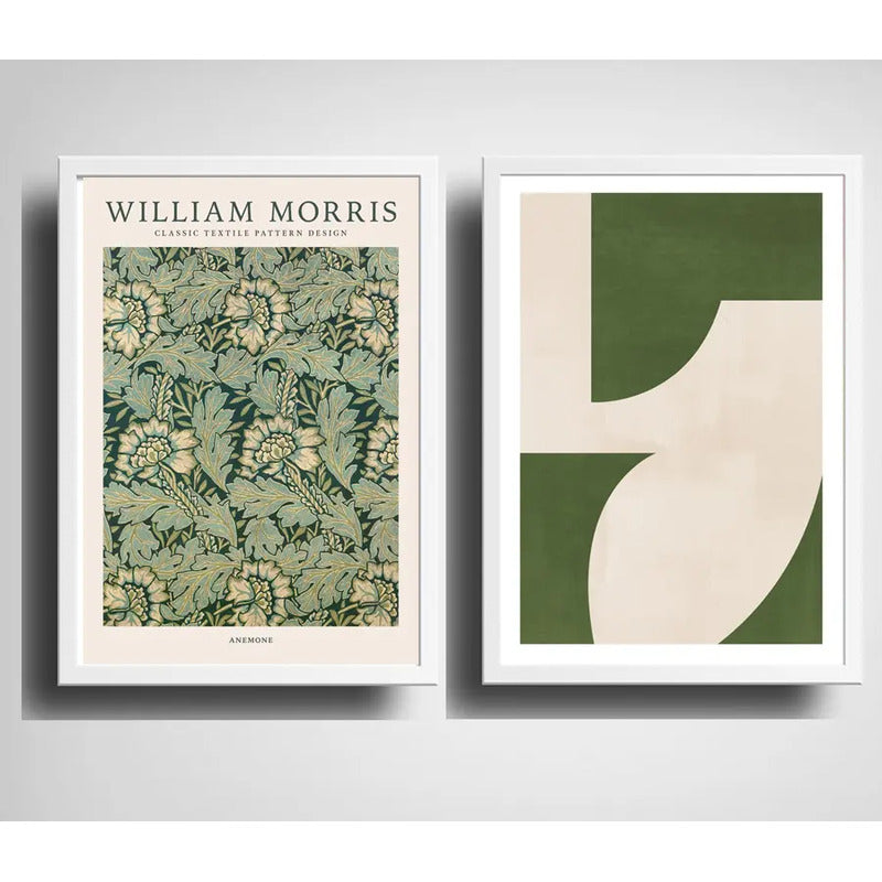 Set 2 Cuadros Dormitorio Living Tonos Verde Abstracto Morris Marco Blanco