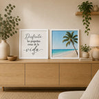 Set 2 Cuadros Paisajes De Playa Frase Motivacional 33x33cm Marco Blanco