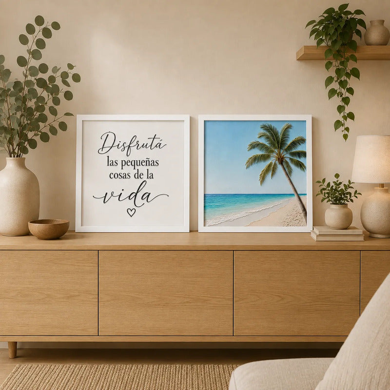 Set 2 Cuadros Paisajes De Playa Frase Motivacional 33x33cm Marco Blanco