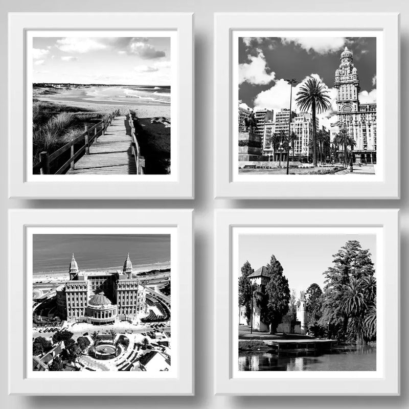 Set 4 Cuadros Montevideo Uruguay En Blanco Y Negro Ciudad