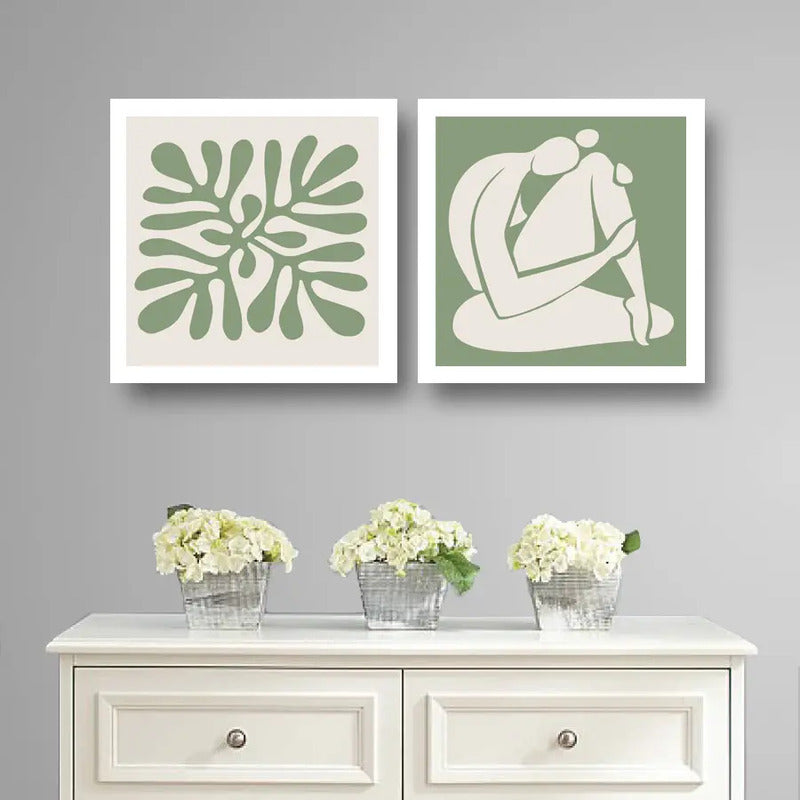 Set 2 Cuadros Living Dormitorio Matisse Beige Verde 33x33cm Marco Blanco