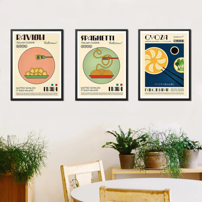 Set 3 Cuadros Comidas Del Mundo Decoracion Cocina Gourmet Marco Negro
