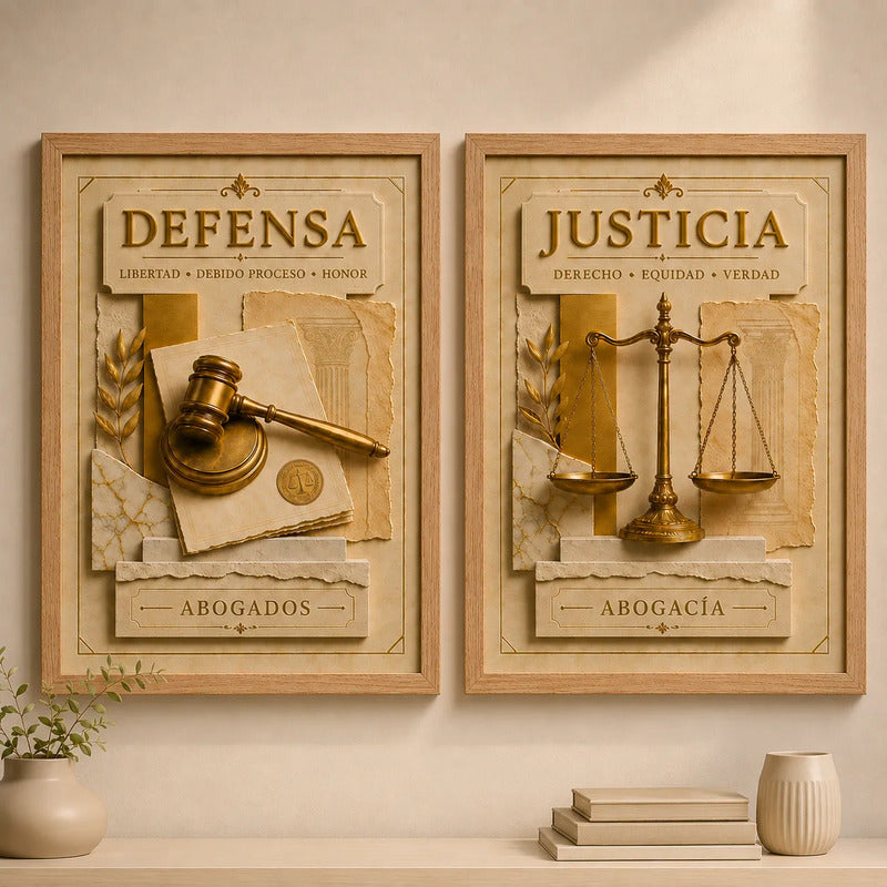 Set 2 Cuadros Temática Jurídica Abogado Justicia Efecto 3d Marco Marrón Claro